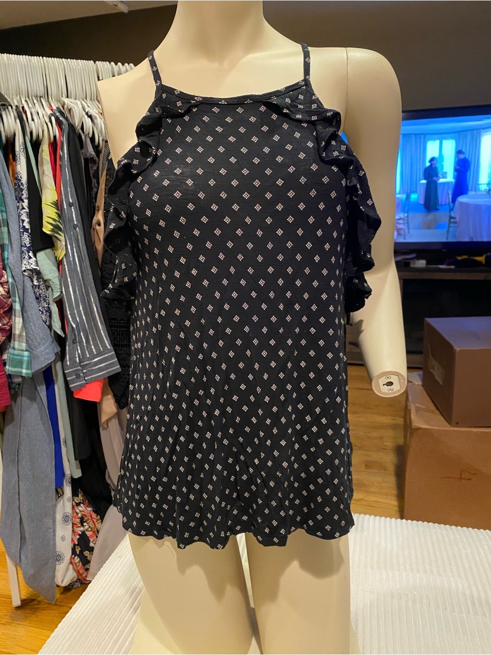 Aeropostale Navy Diamond-Print Ruffle Halter Camisole